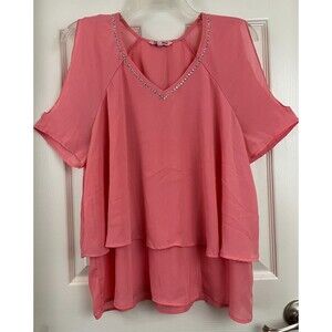 JUICY COUTURE - Coral Tiered Crinkled Chiffon Short Slv Cold Shoulder Blouse XL